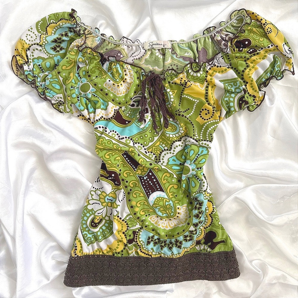 Speechless Green Paisley Boho Peasant Top Off Shoulder Y2K Cap Sleeve Small